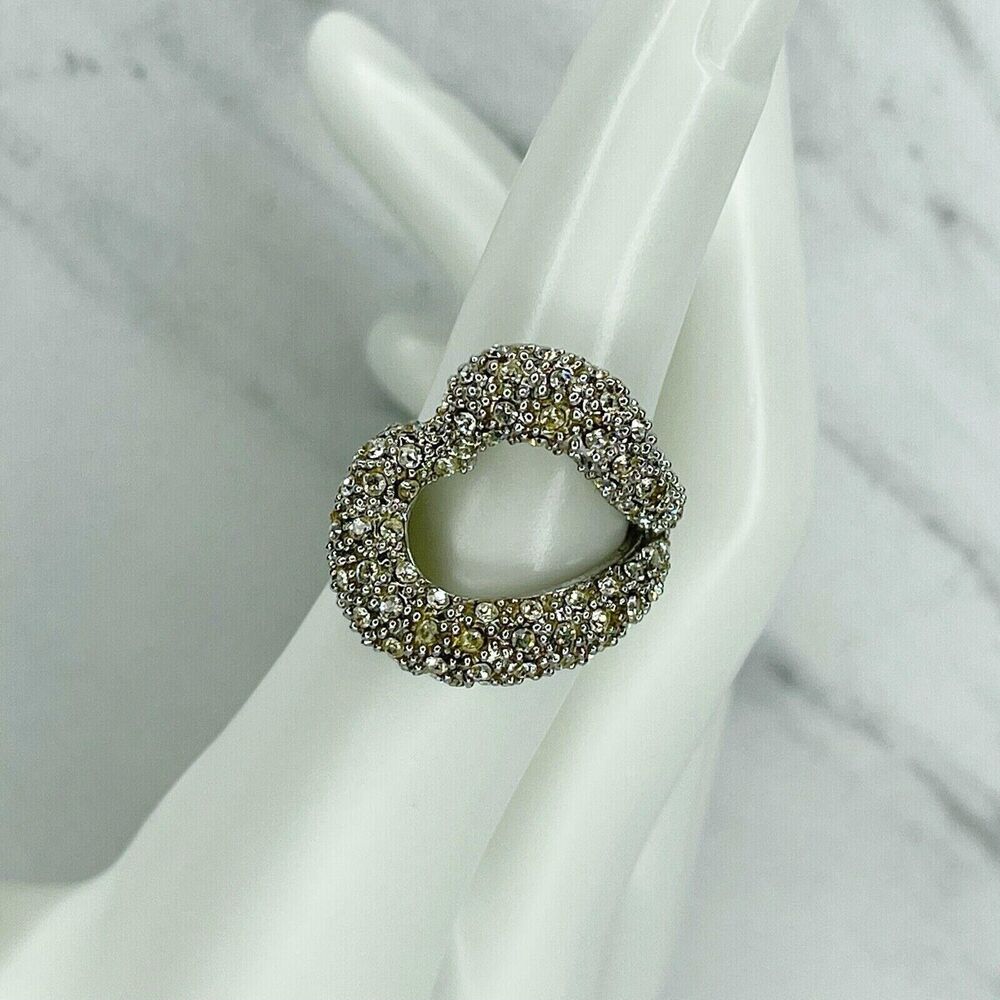 Silver Tone Open Heart Clear Rhinestone Ring Size 5.75